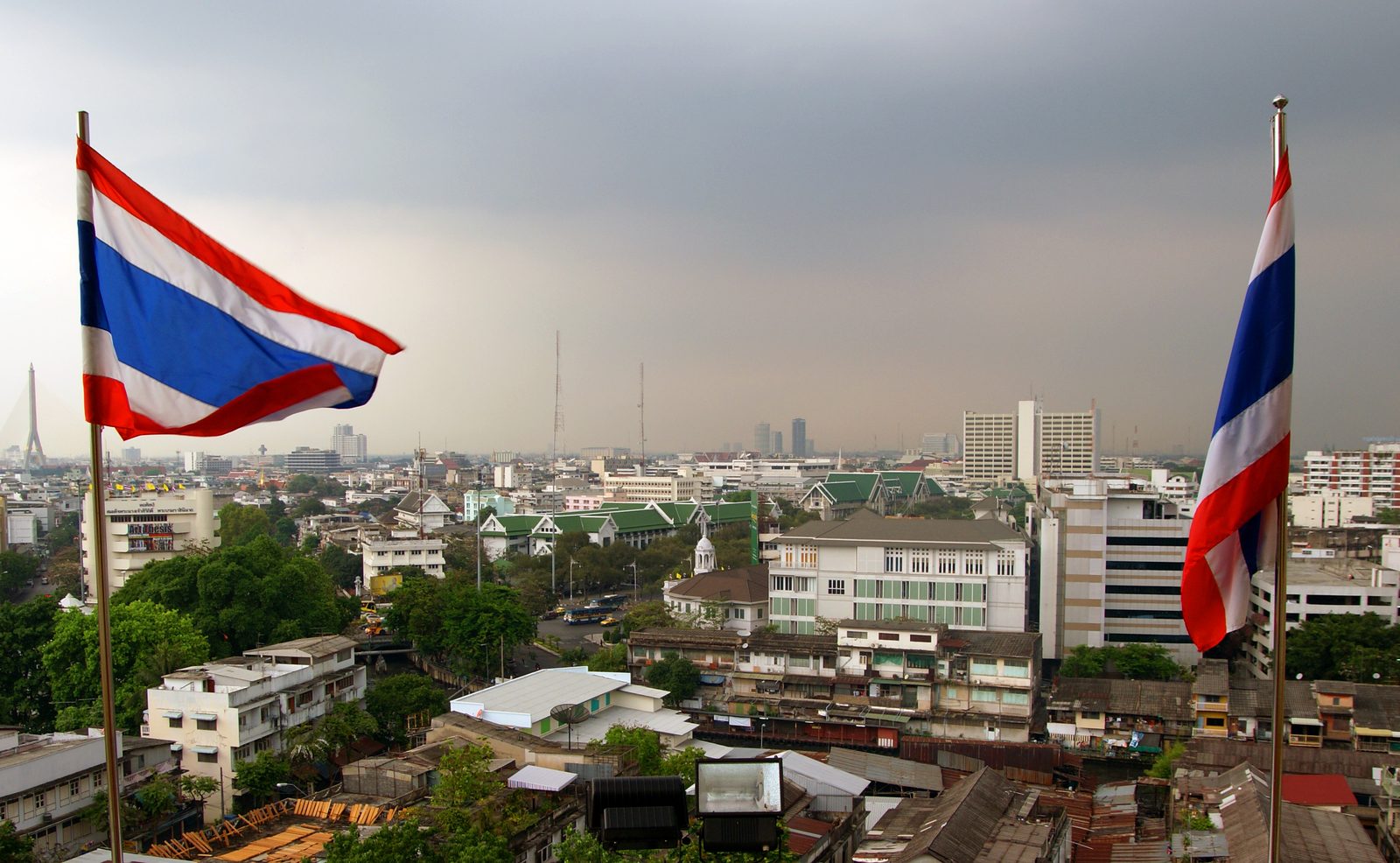 Bangkok skyline along the Chao Phraya river at dusk