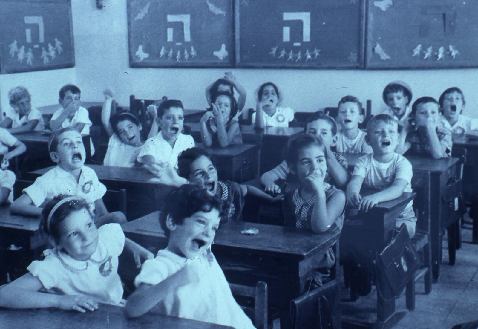 Children seated at desks in a classroom, learning
